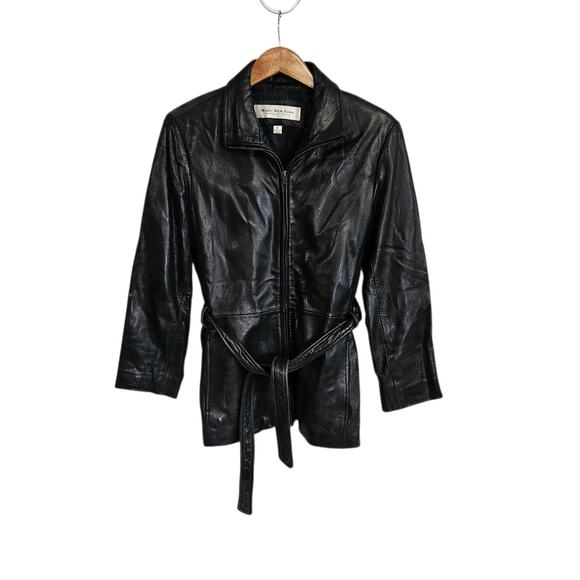 Marc New York Black Leather Belted Zip Up Collared Jacket Size Medium - Picture 1 of 9